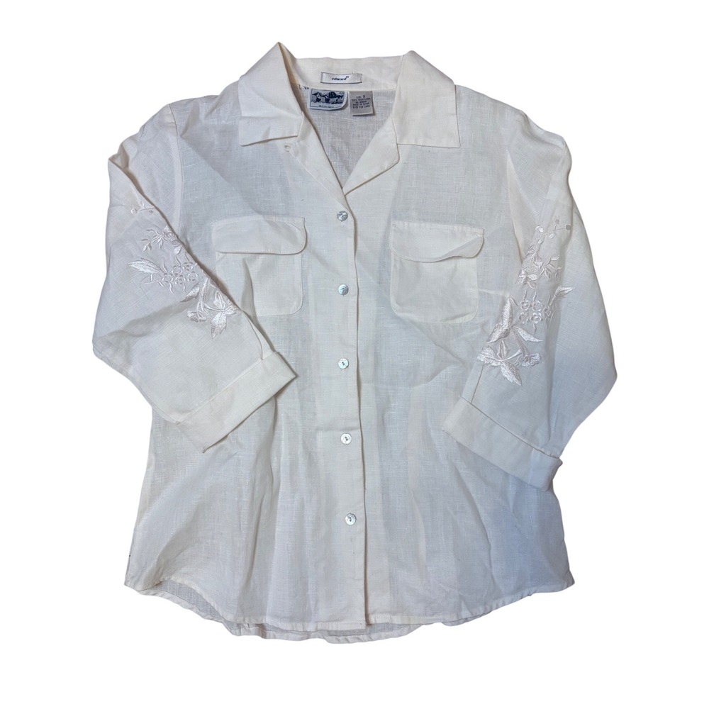 Edward Irish Linen Embroidered 3/4 Sleeve Button Up Shirt Top‎ Women's Size S